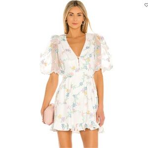 For Love And Lemons White Floral Puff Sleeve Mini Dress